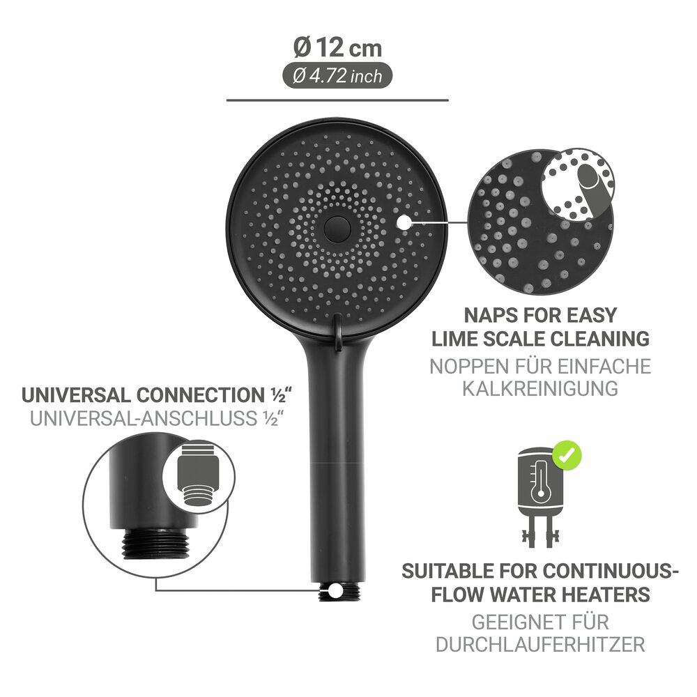 Duschkopf Mod. Softwater Ø12 cm, schwarz, ABS-Kunststoff  3 Strahlarten für Wellness-Dusche