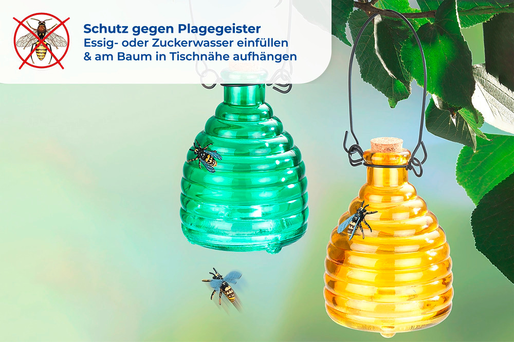 Wespenfalle Glas Grün und Gelb  2-teiliges Set