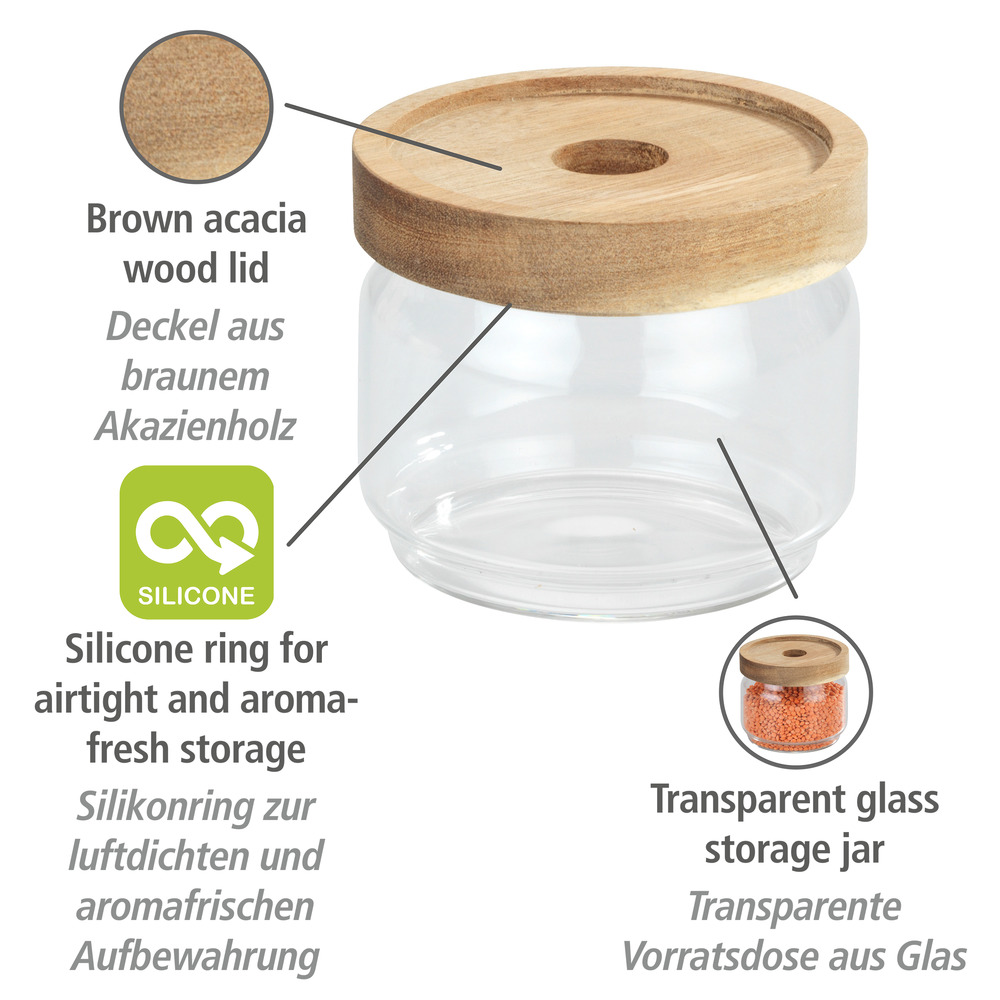 Aufbewahrungsdose Mod. Vido 300 ml  Glasdose mit Deckel aus Akazienholz