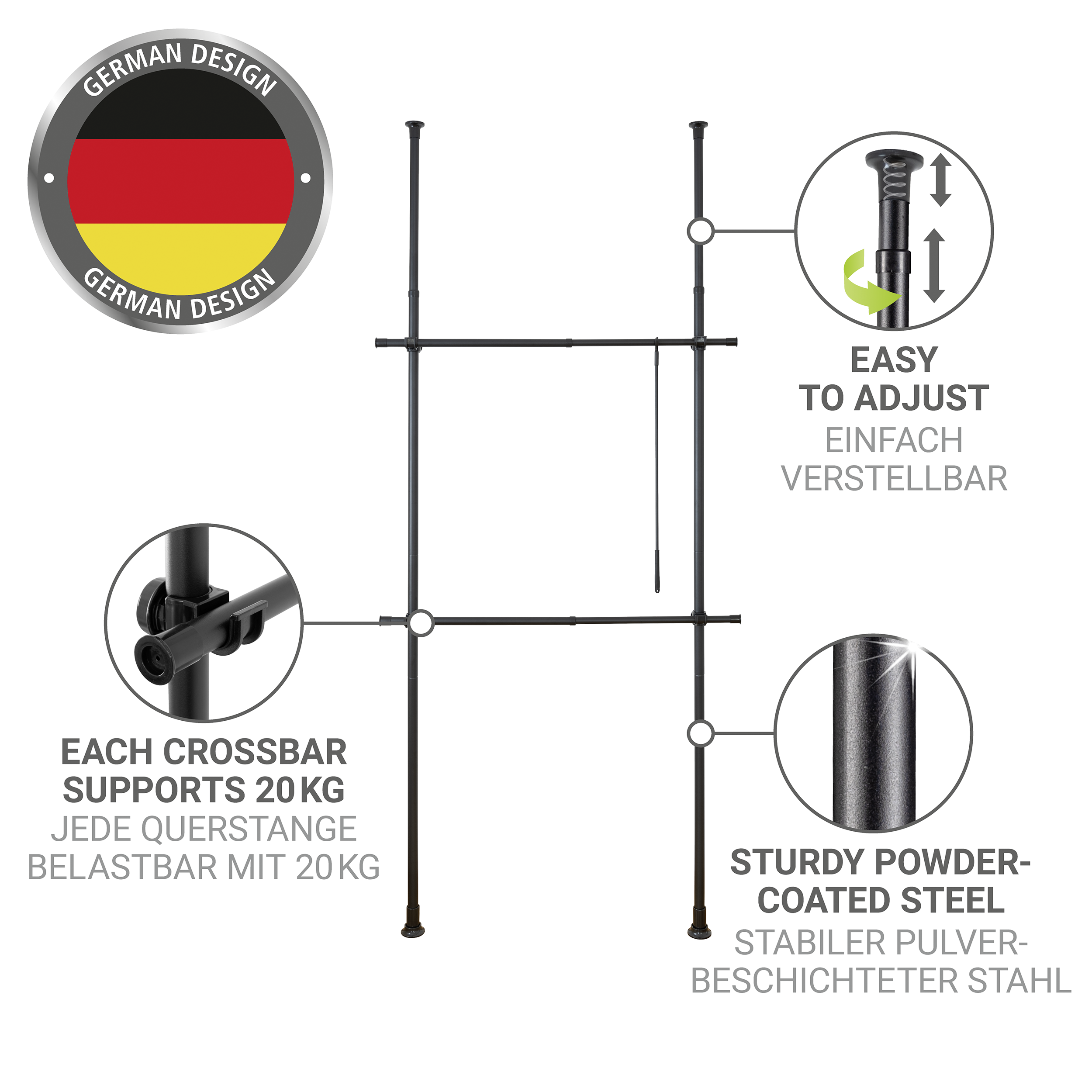 Teleskop-Garderobensystem Mod. Herkules Basic Schwarz  aus pulverbeschichtetem Stahl