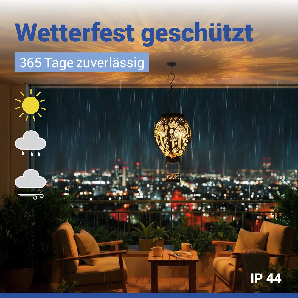 LED Solar-Heißluftballon in Bronze-Optik  mit Pilzmuster-Lichtprojektion