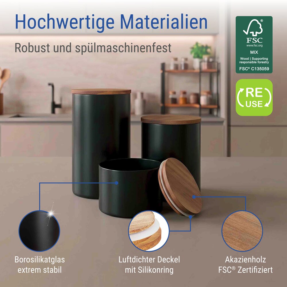 Vorratsdosen Mod. Mio Schwarz, 3-teiliges Set  Vorratsdosen Set aus Borosilikatglas