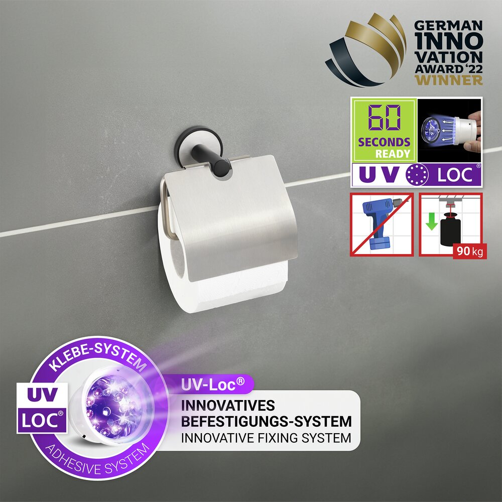 UV-Loc® Toilettenpapierhalter mit Deckel Mod. Udine  Befestigen ohne Bohren mit innovativem Klebesystem