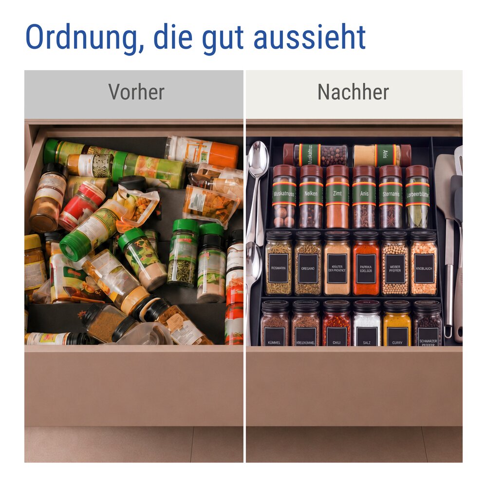 Gewürzregal Schublade Deluxe mit 12 Gewürzgläsern, Schwarz  ausziehbarer Gewürz Organizer für Schubladen