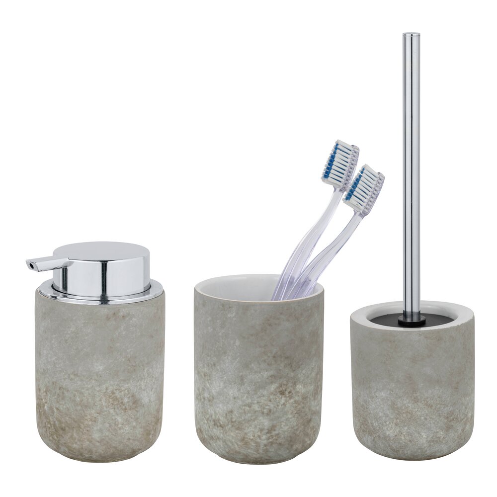Bad-Accessoire Set Mod. LONDA Grau, 3-teilig  1 x WC-Garnitur, 1 x Zahnputzbecher, 1 x Seifenspender