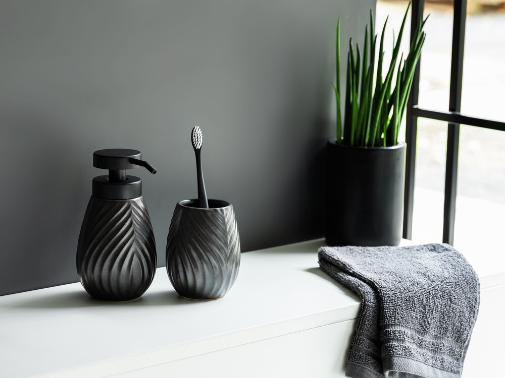 Bad-Accessoire Set Mod. Idro Anthrazit, 2-tlg.  Seifenspender und Zahnputzbecher