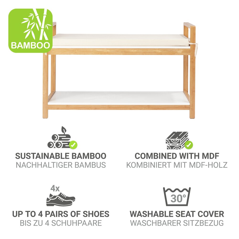 Banc à chaussures bambou, naturel/blanc, rembourrée beige, 90x55x34 cm  pour 4 paires de chaussures