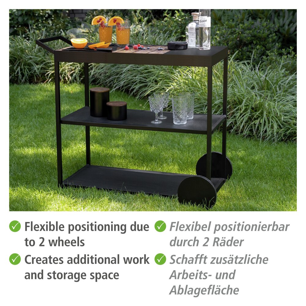 Chariot de service Mod. Miro, noir/nature, bois d'acacia, 80x98x40 cm  avec roues, idéal extérieur abrité