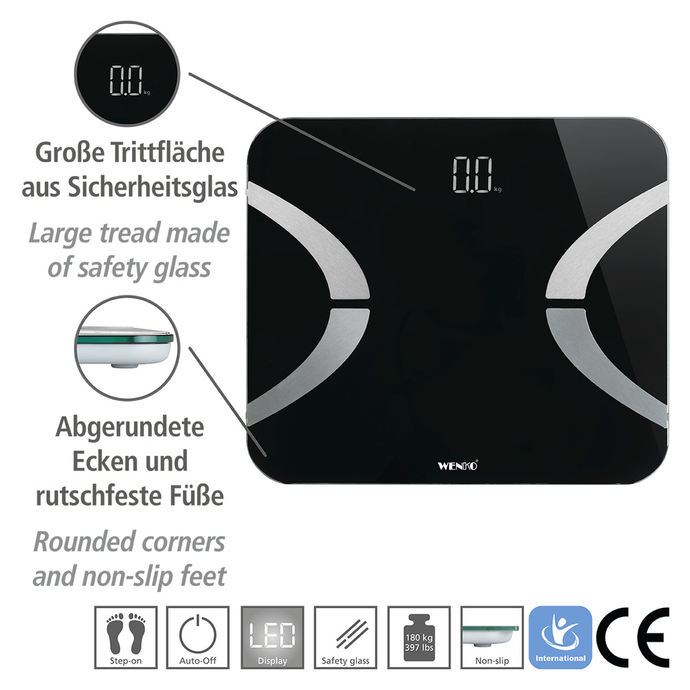 Analysewaage LED Schwarz  Bluetooth Körperfettwaage