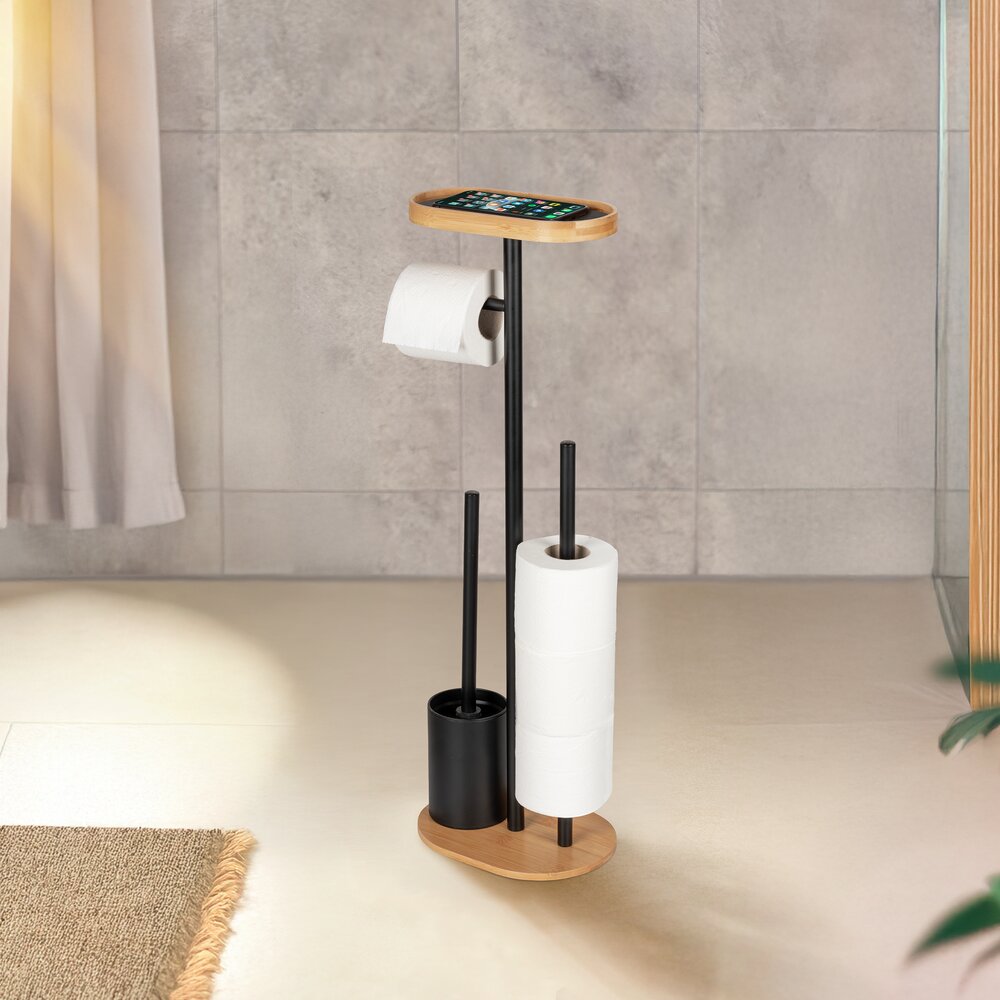 Garniture WC sur pied Mod. Pomarolo, bambou, acier, naturel/noir, 25x70,5x17 cm  avec tablette pour téléphone intégré