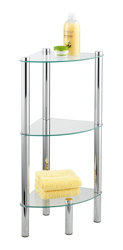Eckregal Mod. Yago mit 3 Glasablagen aus Edelstahl und Sicherheitsglas