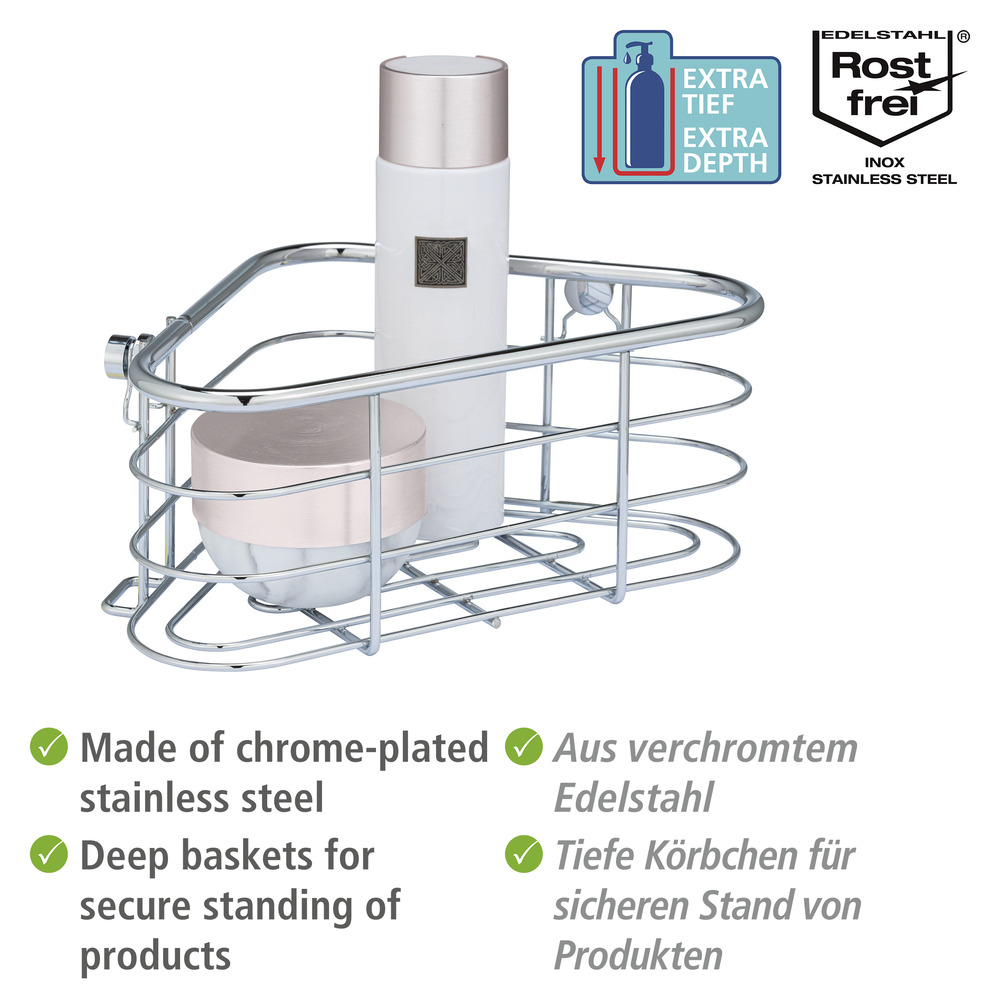 Edelstahl Eckablage Mod. Trestina  Extra tiefer Korb für Shampoo- und Duschgelflaschen