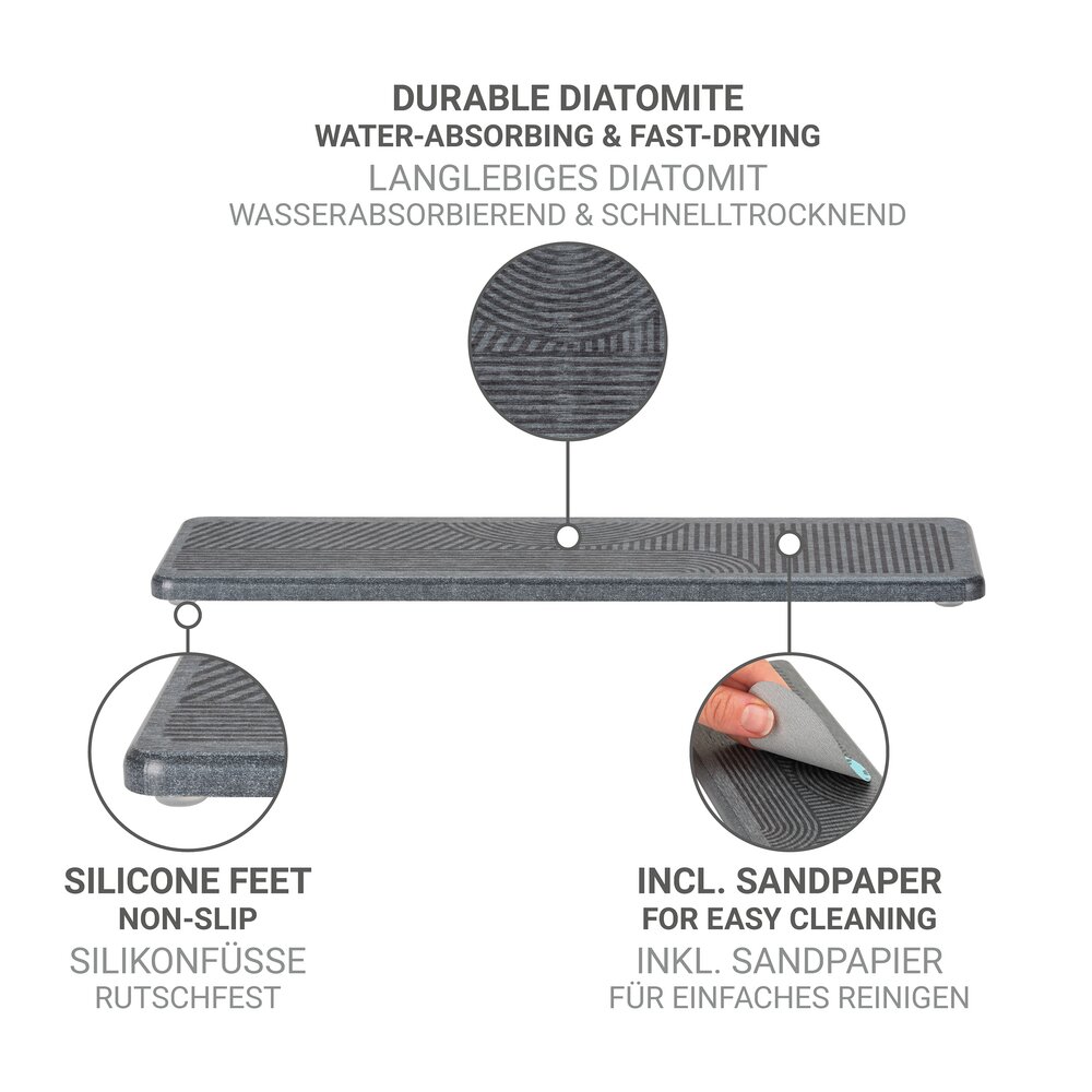 Abtropfmatte Mod. Damon, grau, Diatomit, 30x8 cm  schnelltrocknend, inklusive Silikonfüße