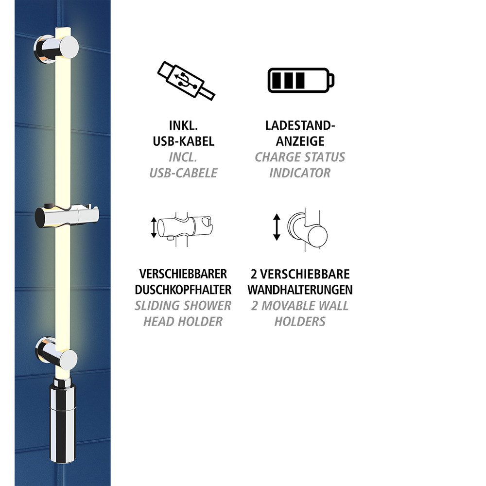 Duschstange mit beleuchteter LED, Duschhalterung, Brausestange, Duschstangenhalterung, in Warm-Weiß 74cm  beleuchtete Brausestange