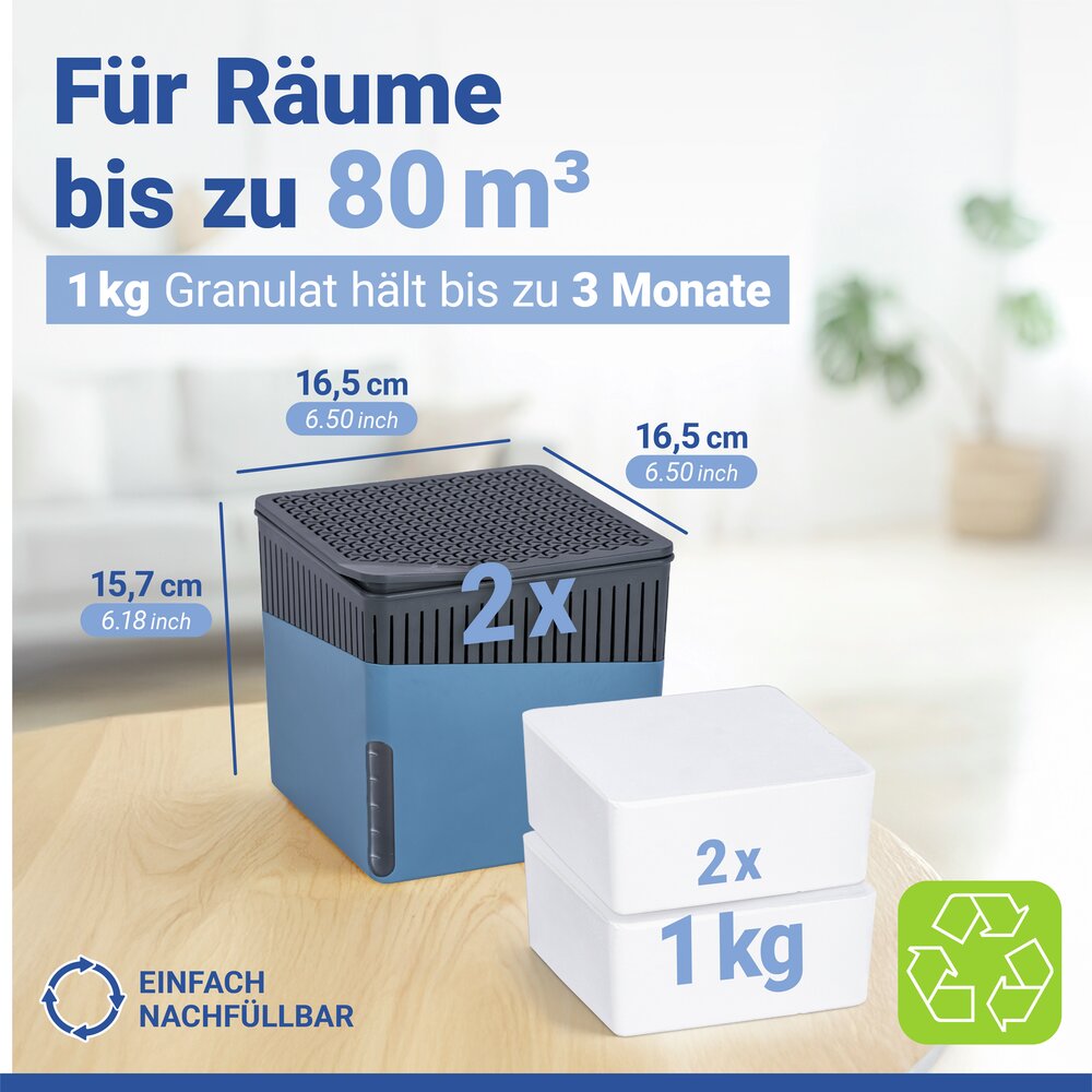 Raumentfeuchter Mod. Cube Blau 1000 g, 2er Set  beugt Schimmel und Gerüchen vor