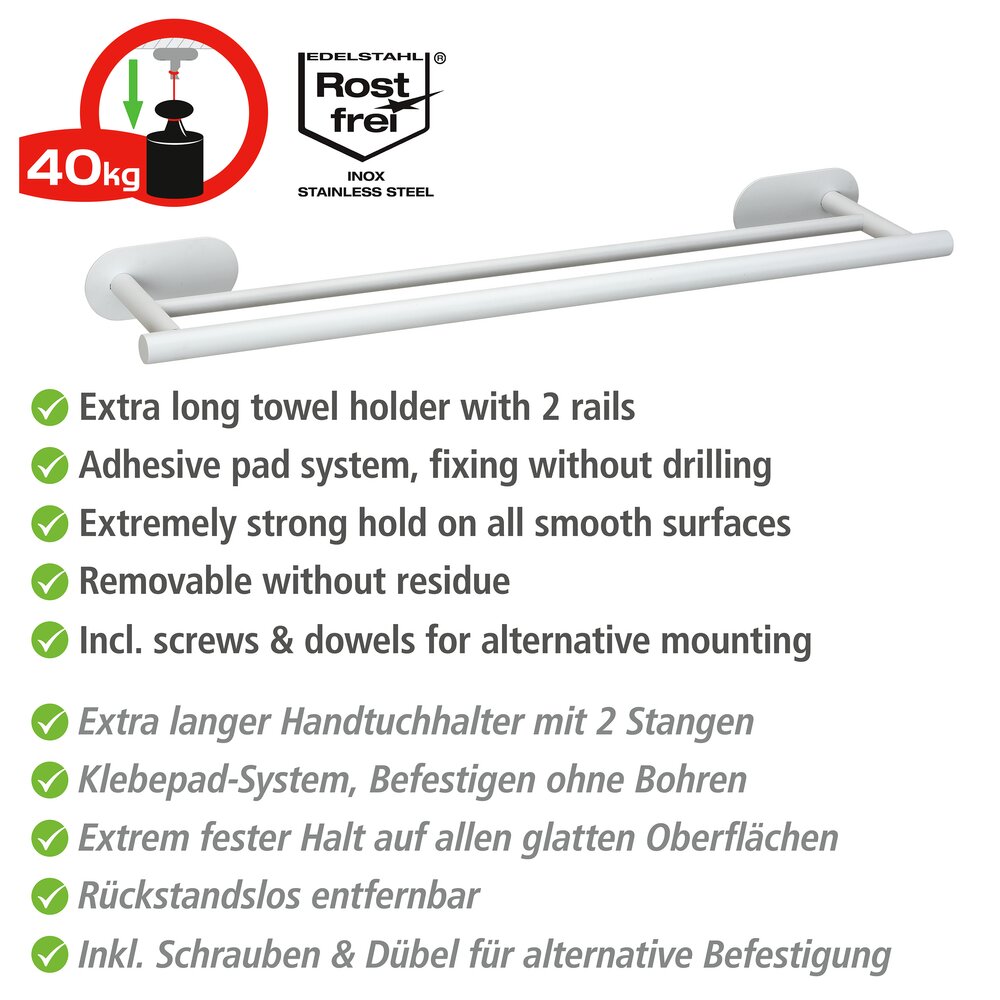 Turbo-Loc® Badetuchstange Duo Mod. Orea White matt, 60 cm  aus rostfreiem Edelstahl