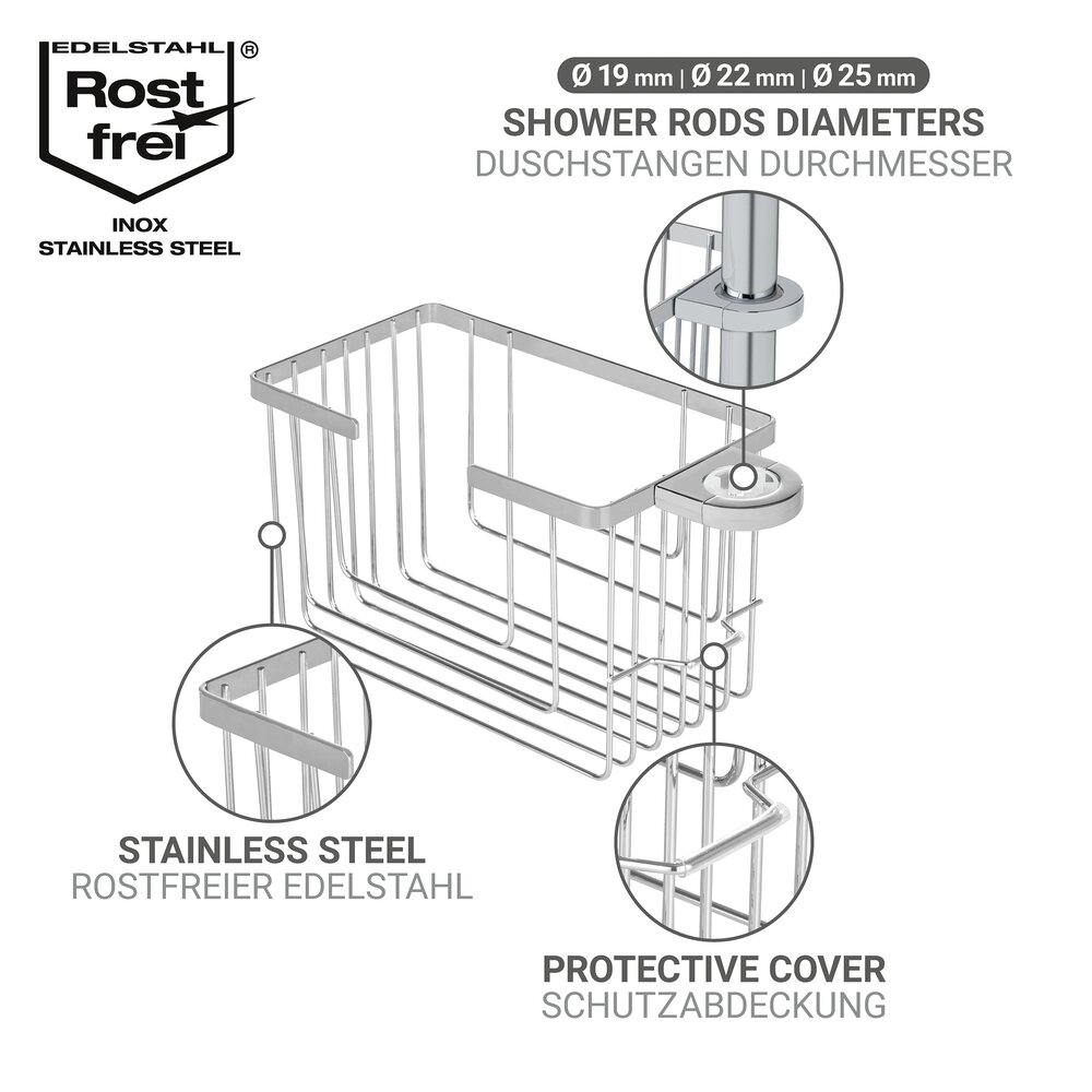 Caddie pour douche Mod. Valognes, chrome, acier inoxydable, 20x12x13 cm  fixation sans perçage