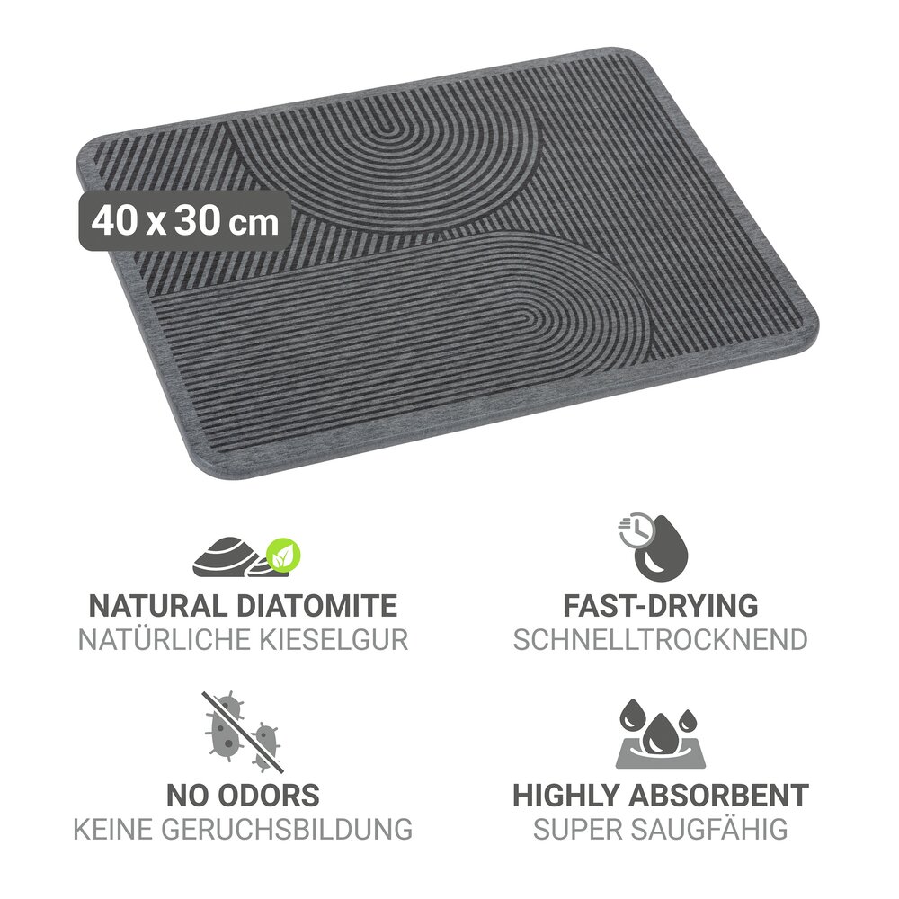 Abtropfmatte Mod. Damon, grau, Diatomit, 40x30 cm, inkl. Silikonfüße  schnelltrocknend und geruchsfrei