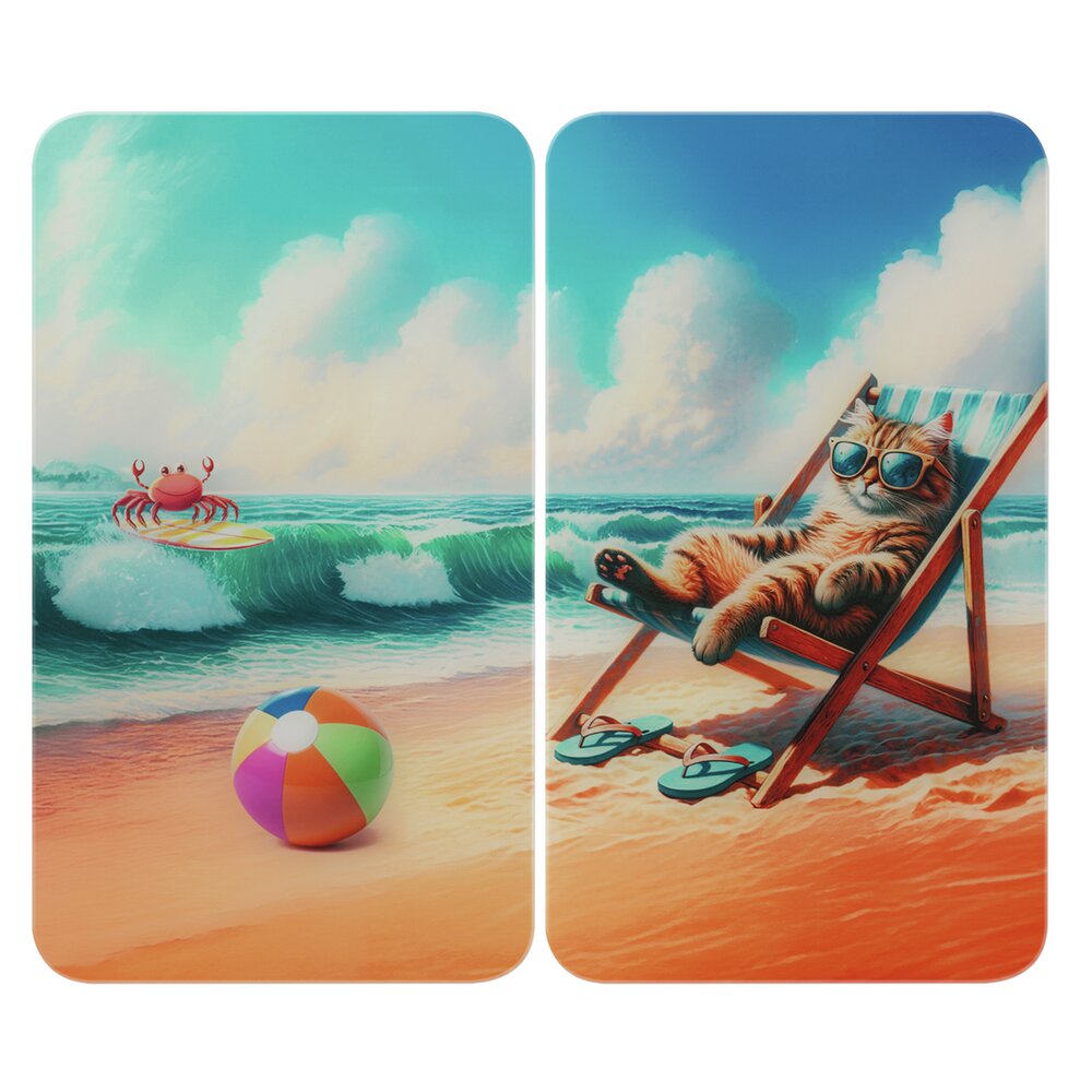 Plaque de Recouvrement Universelle Mod. Chat à la Plage, set de 2  pour tous les types de cuisinières