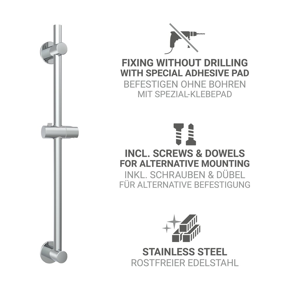 Barre de douche BOB, 70 cm, chromé, inox, Ø 22 mm, sans perçage  montage facile sans perçage