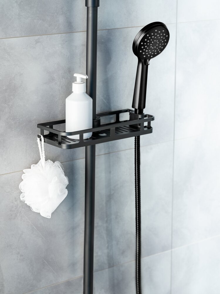 Tablette de douche Libertà Noir mat  avec crochet et support de pommeau de douche