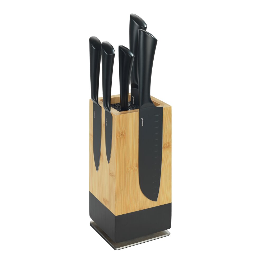 Bloc à couteaux magnétique XL en bambou avec 5 couteaux  porte-couteau rotatif à 360°