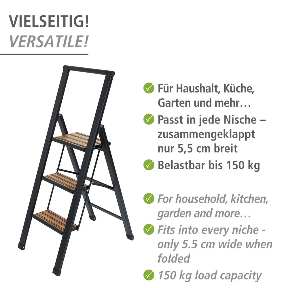 Alu-Design Klapptrittleiter 3-stufig Schwarz  rutschsichere XXL-Stufen