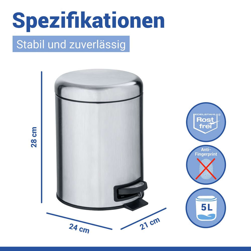 Poubelle à pédale Leman, 5L, petite poubelle salle de bain, acier mat  avec insert amovible