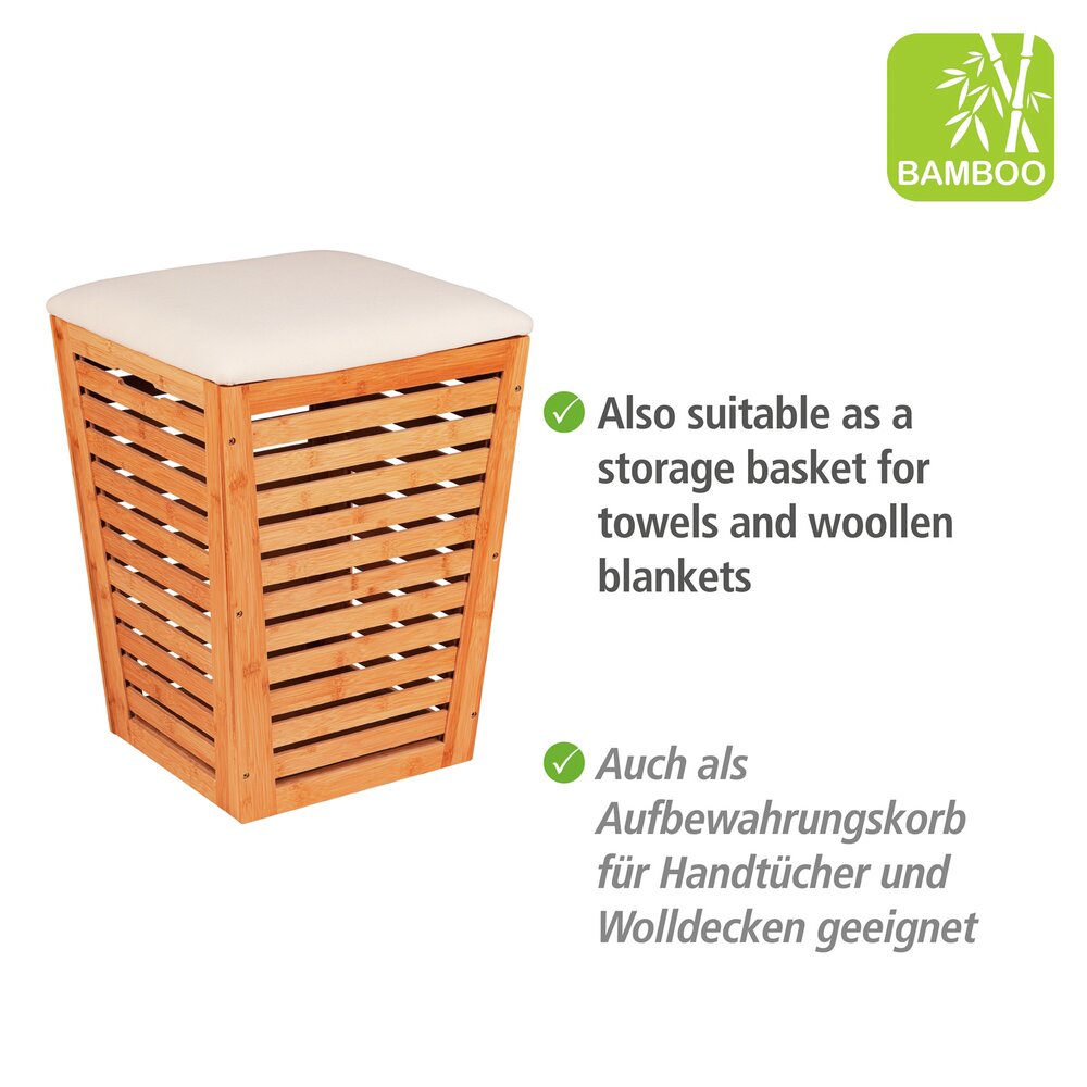 Coffre à linge Mod. Bambusa avec coussin d’assise  forme conique, idéale pour le rangement du linge