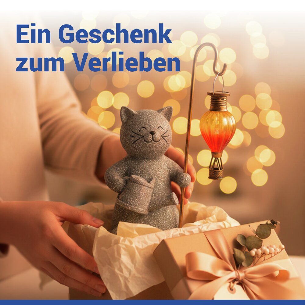Gartenfigur Katze mit LED-Heißluftballon  dekorative, solarbetriebene Gartenleuchte