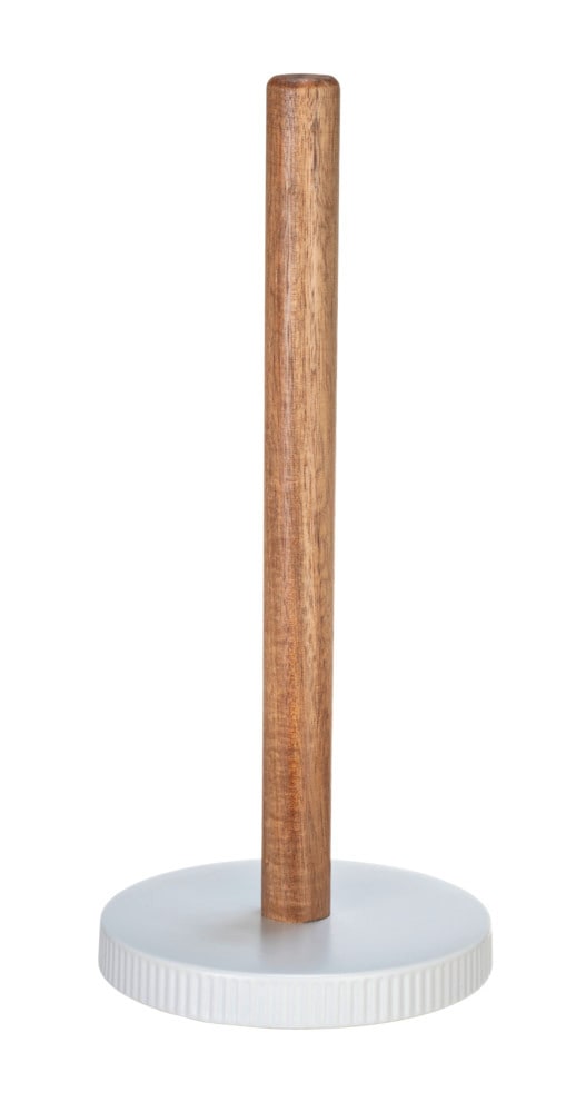 Küchenrollenhalter Mod. REFIA, weiß, Keramik, Akazienholz, Ø14x32 cm  mit natürlichen Akazienakzenten