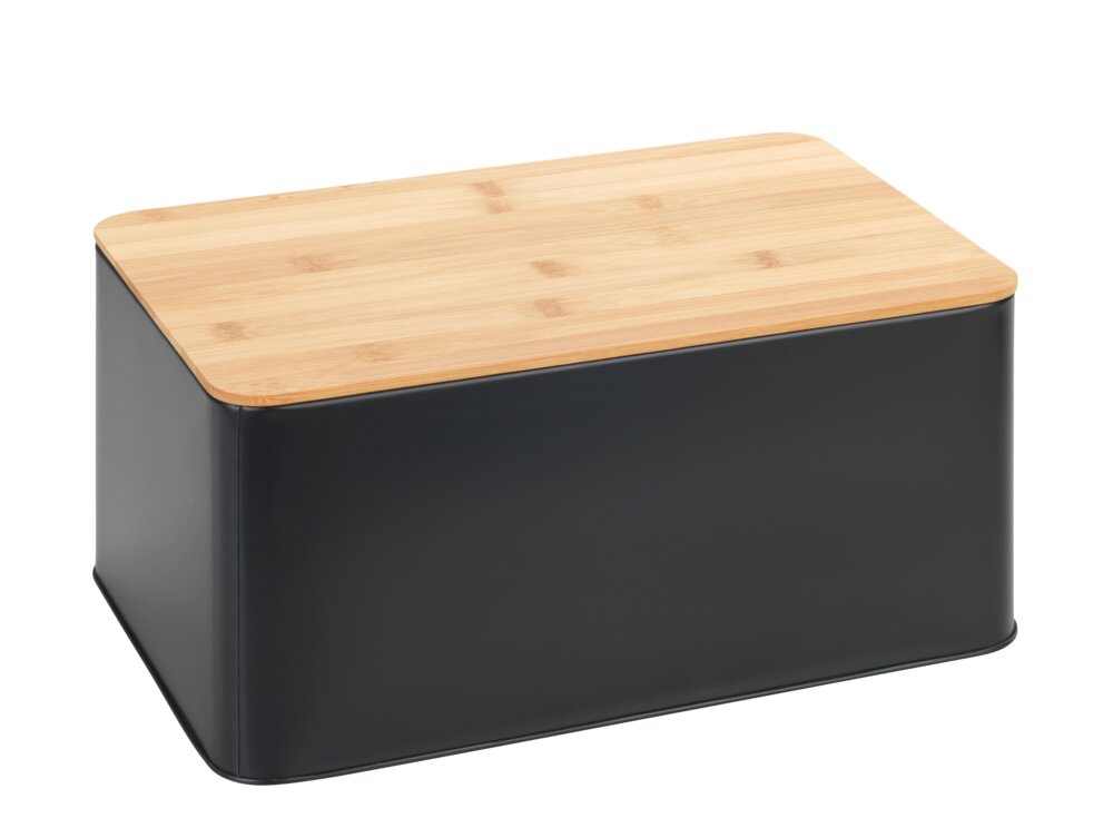 Set boîtes à pain, noir, métal, couvercle bambou, 32,5x21x15 cm  avec couvercles hermétiques en bambou