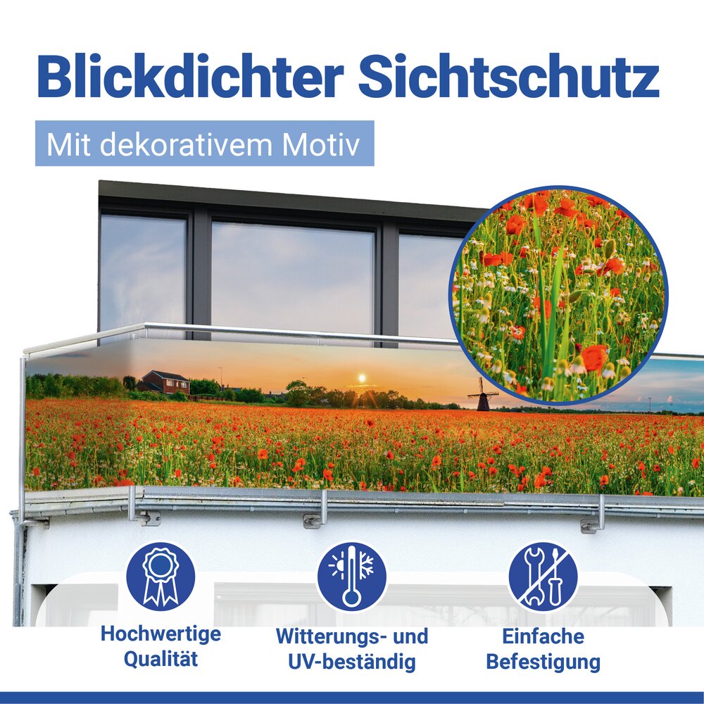 Balkon-Sichtschutz Mod. Mohnfeld, 5 m  UV- und witterungsbeständig