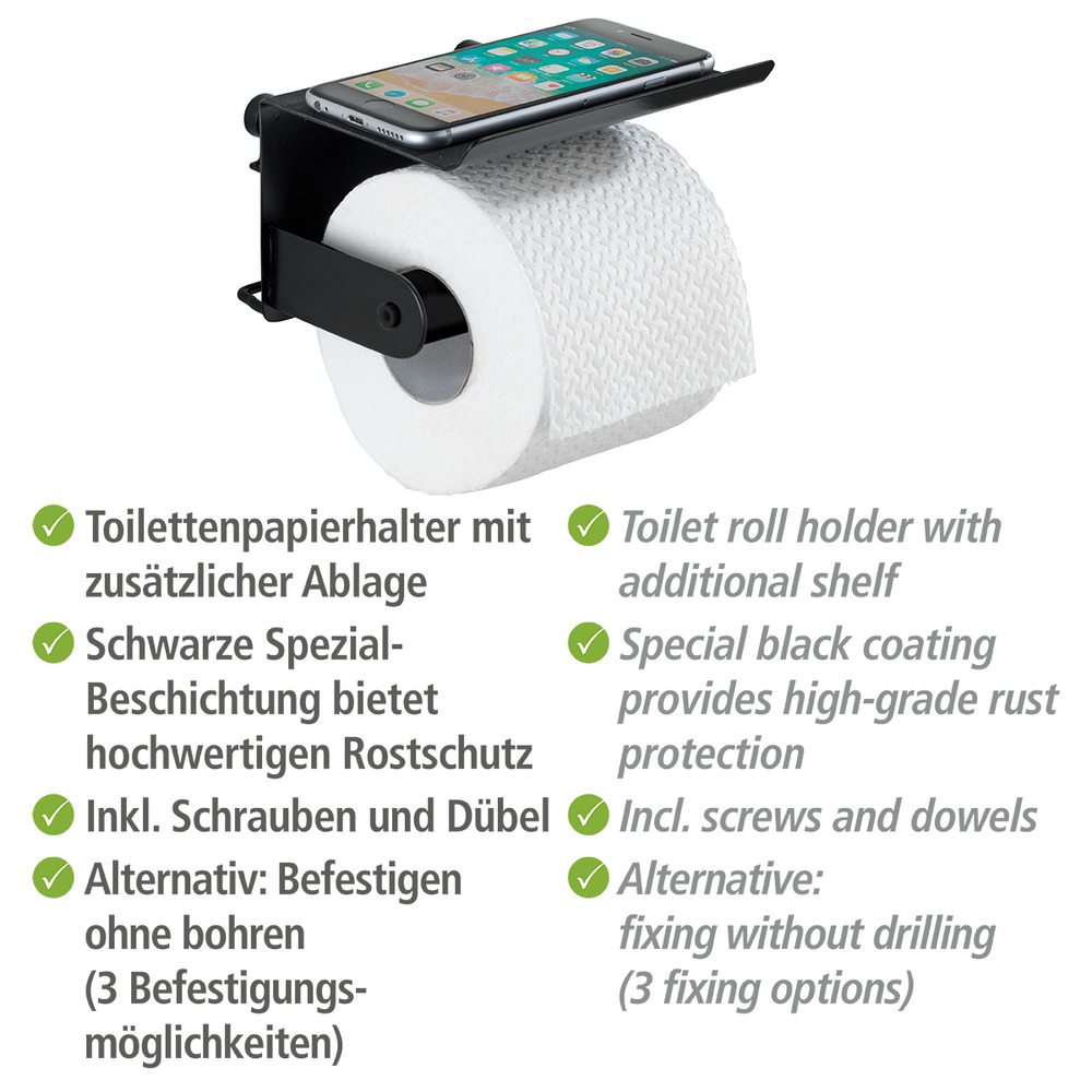 Toilettenpapierhalter mit Ablage Classic Plus Black  mit hochwertigem Rostschutz