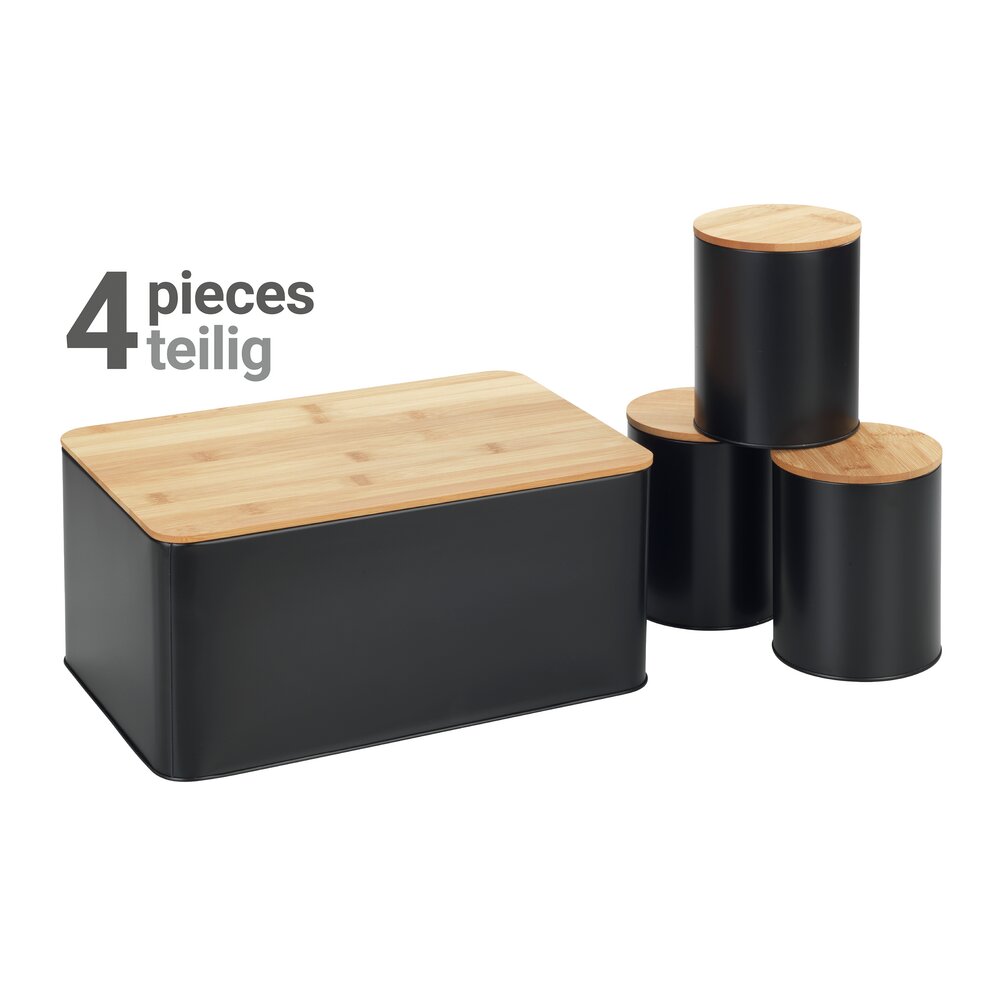 Set boîtes à pain, noir, métal, couvercle bambou, 32,5x21x15 cm  avec couvercles hermétiques en bambou