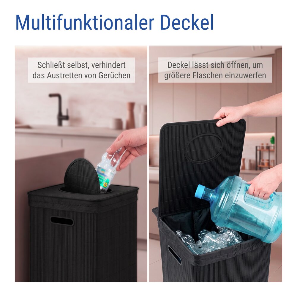 Flaschensammler 105 L, Schwarz  Pfandflaschen Sammelbehälter aus Bambus