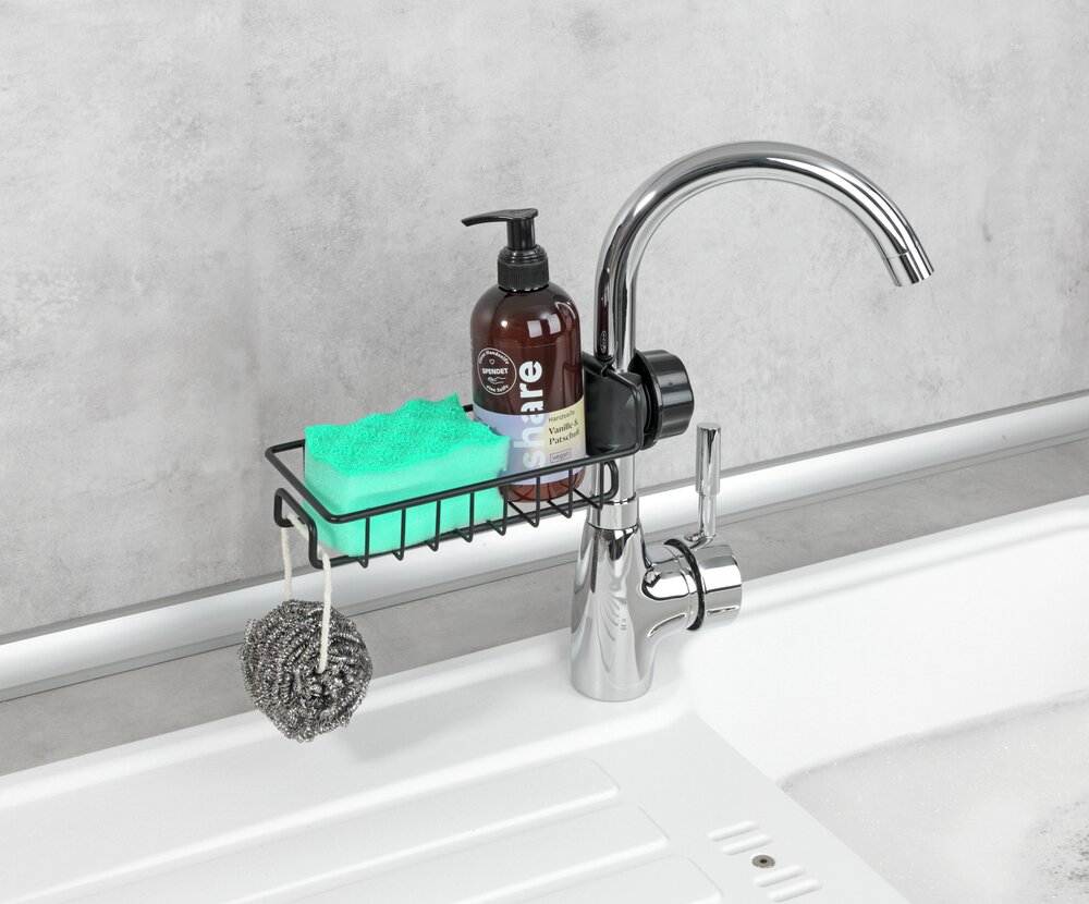 Porte Eponge Robinet, Porte éponge à fixer au robinet du lavabo ou de l'évier, Acier Noir  en acier inoxydable