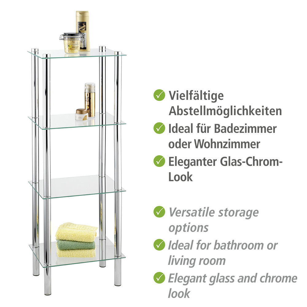 Regal Mod. Yago viereckig mit 4 Glasablagen  aus Edelstahl und Sicherheitsglas