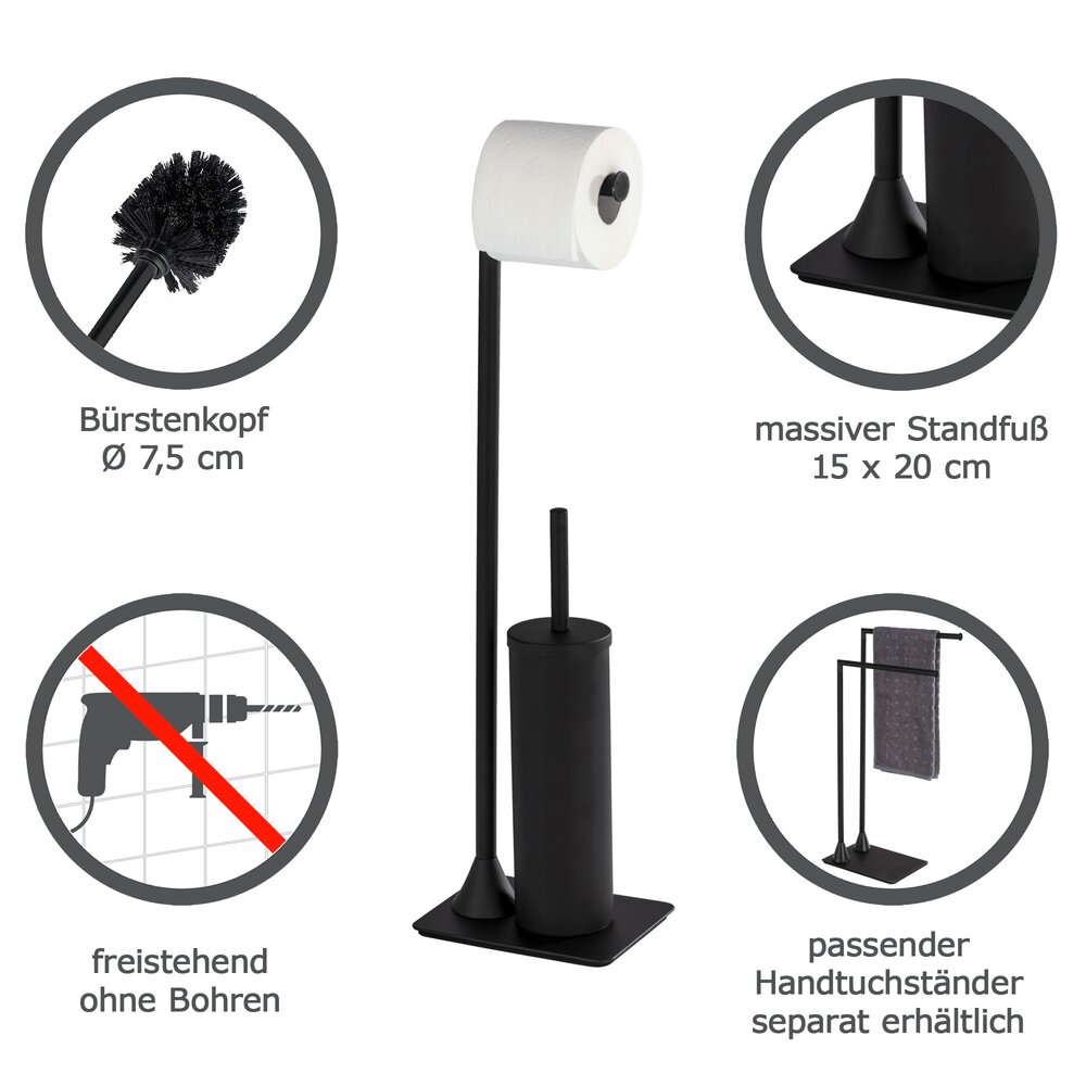 Combiné WC sur pied, 2en1, brosse WC et dérouleur papier toilette, Hella, acier noir  Laqué noir mat