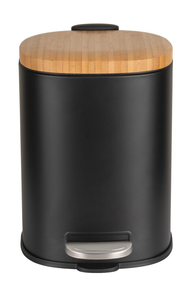 Poubelle à pédale Mod. Fianema, noir, métal/bambou, 3L, Easy-Close  récipient intérieur amovible