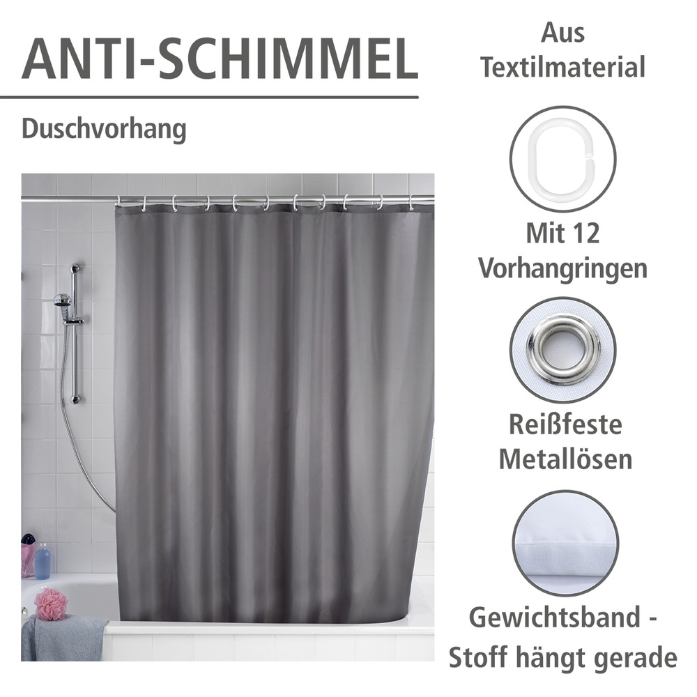 Anti-Schimmel Duschvorhang Uni Grey, 180 x 200 cm  waschbar