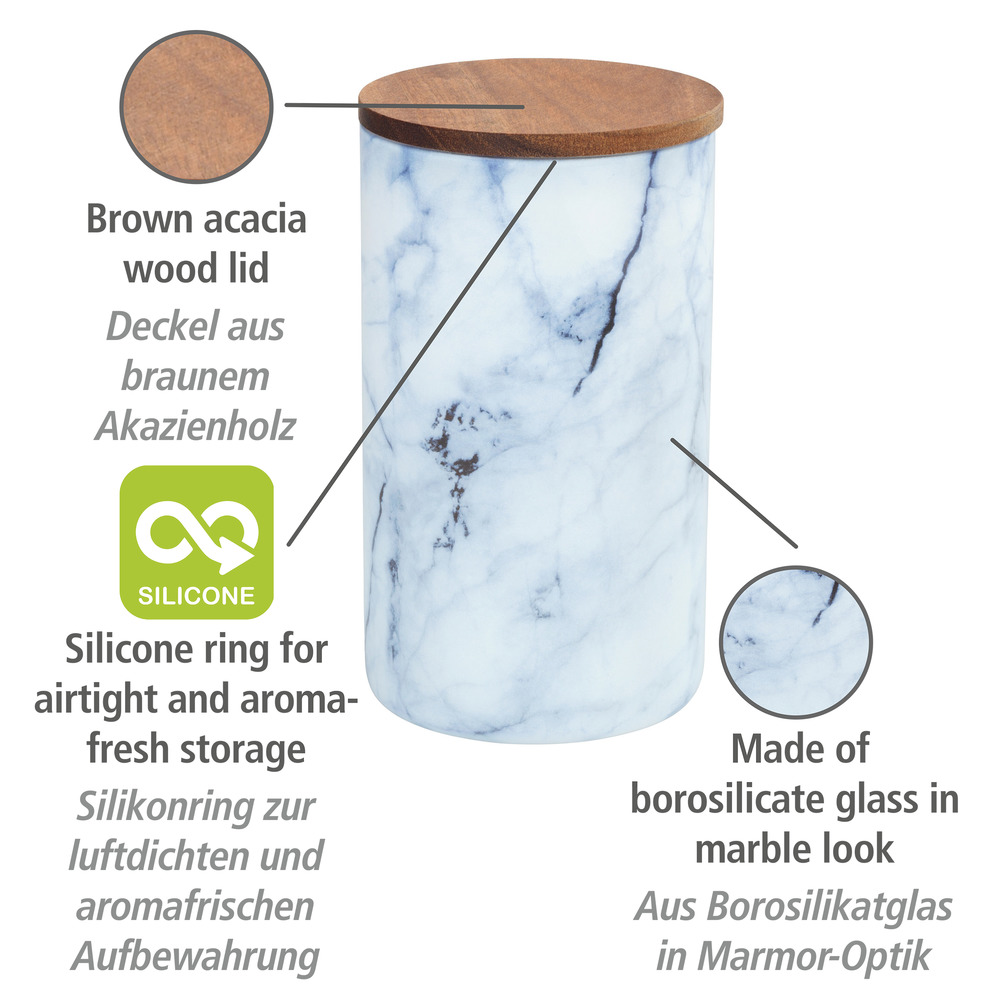 Aufbewahrungsdose Mio 1,4 L  Blaue Glasdose mit Deckel aus Akazienholz