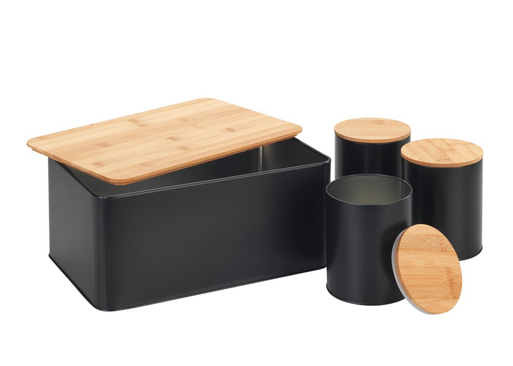 Set boîtes à pain, noir, métal, couvercle bambou, 32,5x21x15 cm  avec couvercles hermétiques en bambou
