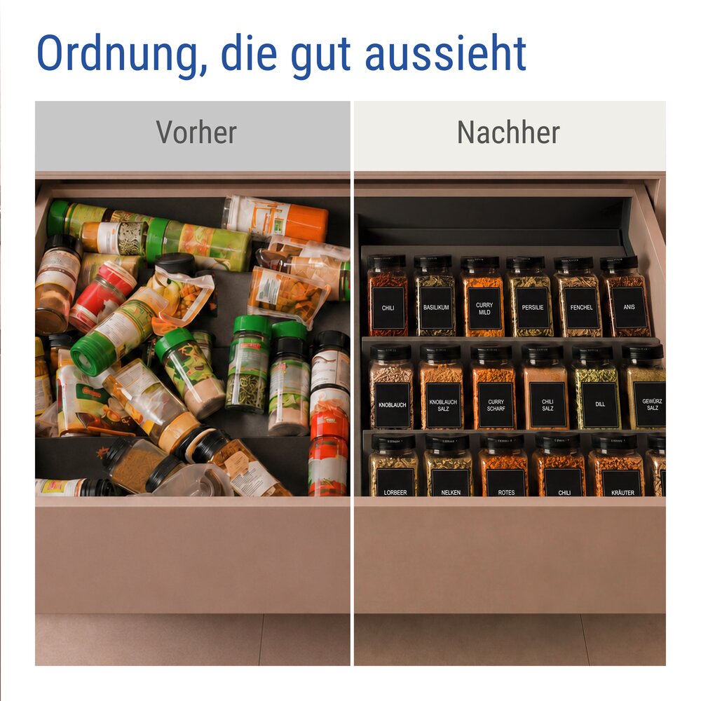 Gewürzregal Schublade mit 24 Gewürzgläsern, Schwarz  ausziehbarer Gewürz Organizer für Schubladen