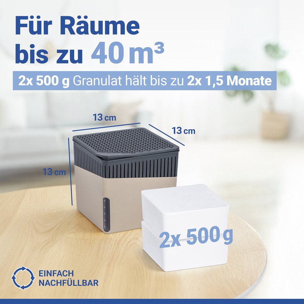 Luftentfeuchter Mod. Cube Beige 500 g mit Nachfüller  für Räume bis ca. 40 m³