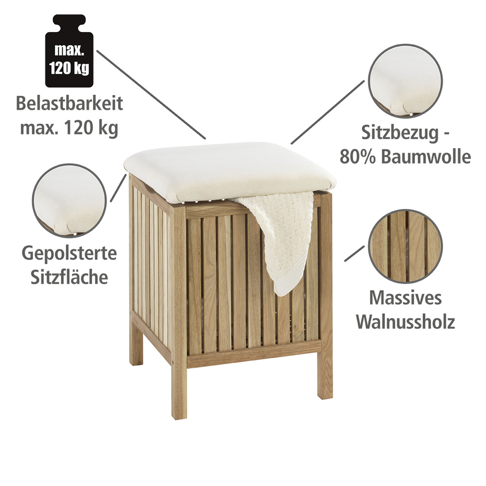 Hocker Norway mit Wäschesammler  Badhocker, massives Walnussholz