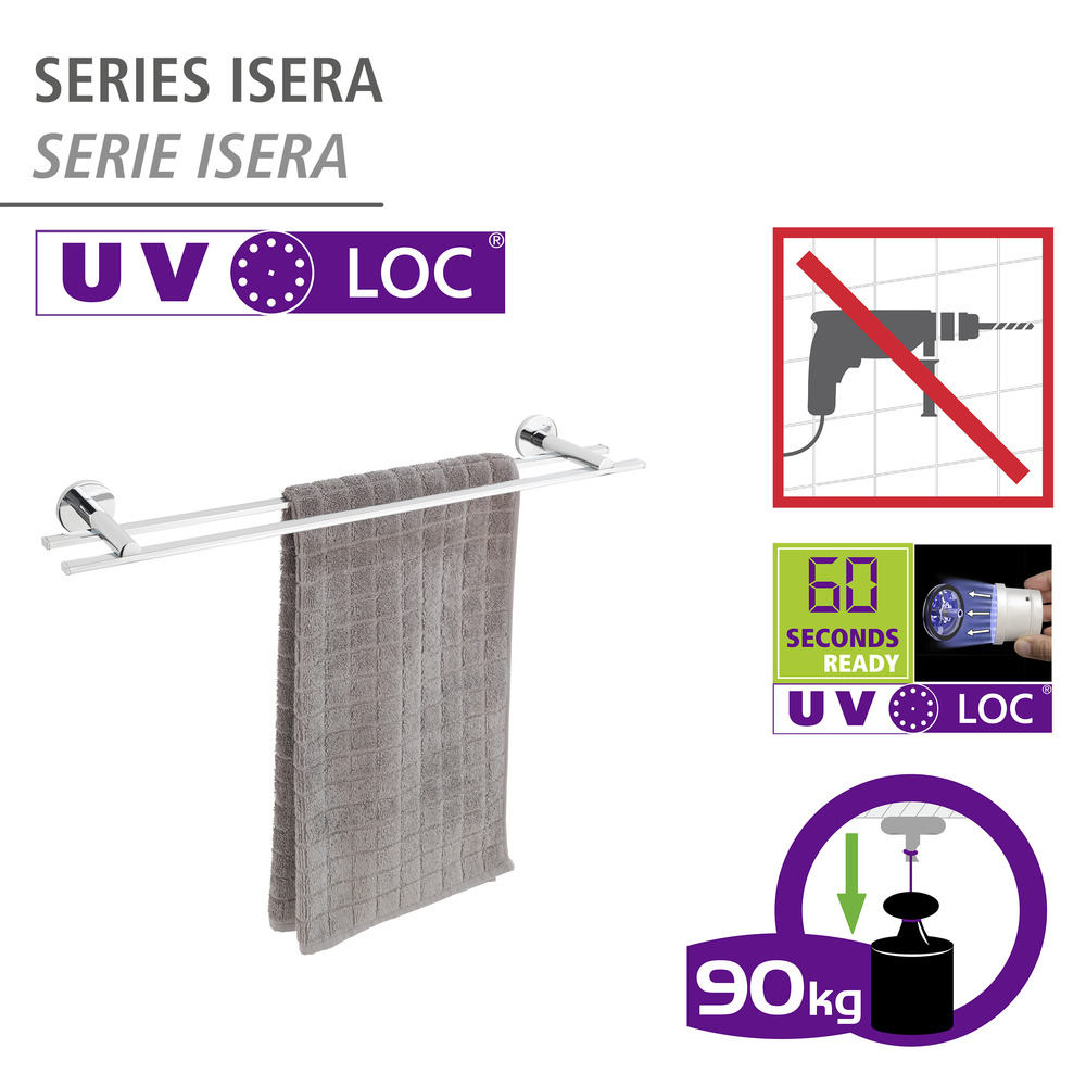 UV-Loc® Badetuchstange Duo Mod. Isera 60 cm  Befestigen ohne Bohren mit innovativem Klebesystem