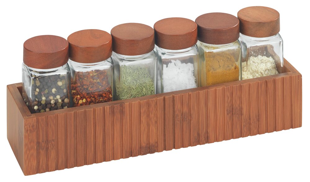 Gewürzregal Mod. Mera mit Gewürzstreuer Mod. Anni  aus geräuchertem Bambus