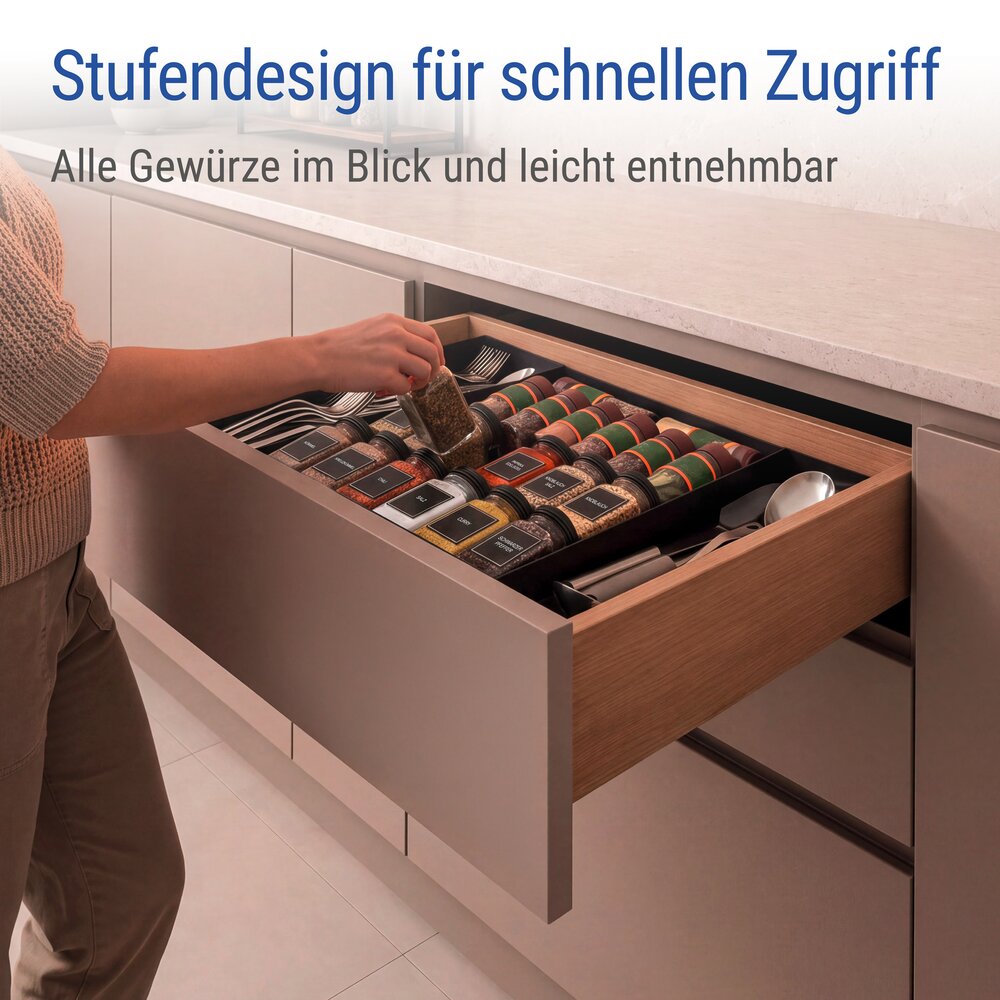 Gewürzregal Schublade Deluxe mit 12 Gewürzgläsern, Schwarz  ausziehbarer Gewürz Organizer für Schubladen