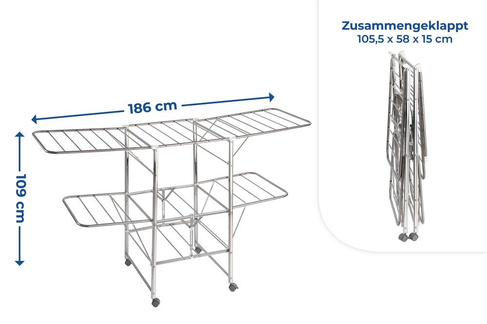 Wäscheständer Edelstahl Mod. Mobil  mobiler Wäscheständer mit Leichtlaufrollen und Feststellbremsen